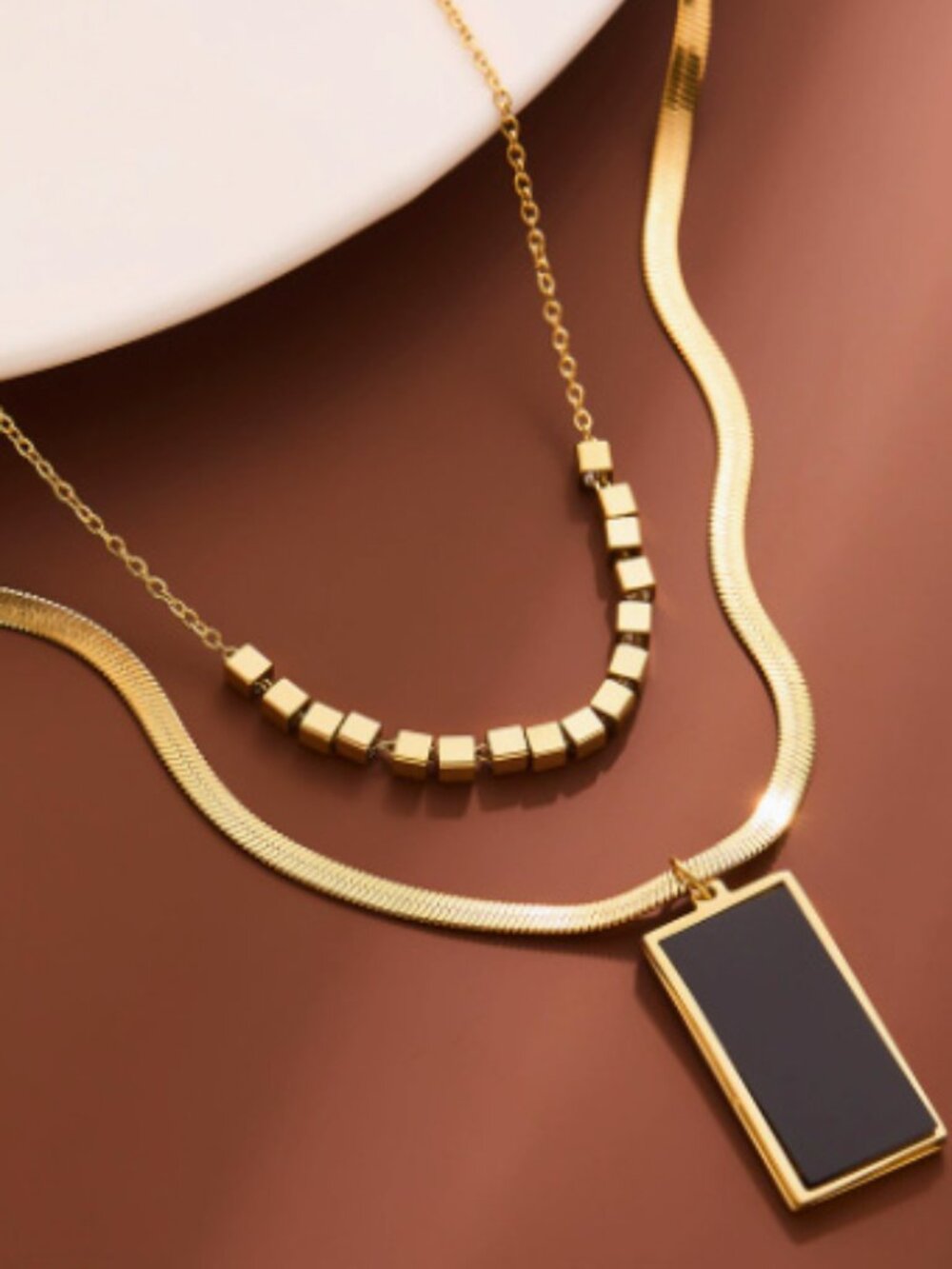 Gold Layered Black Tag Cube Snake Necklace